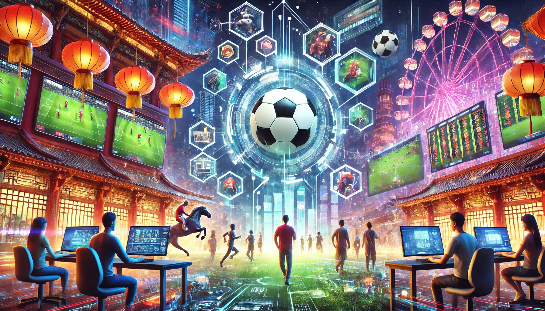 Futuristic casino interface with virtual sports elements