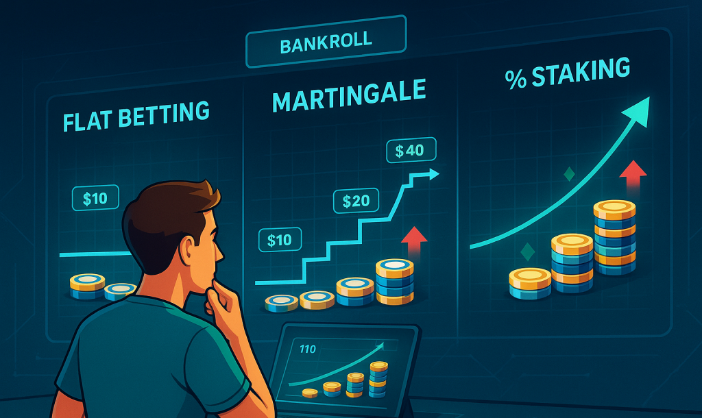Flat betting, martingale, and percentage staking explained simply